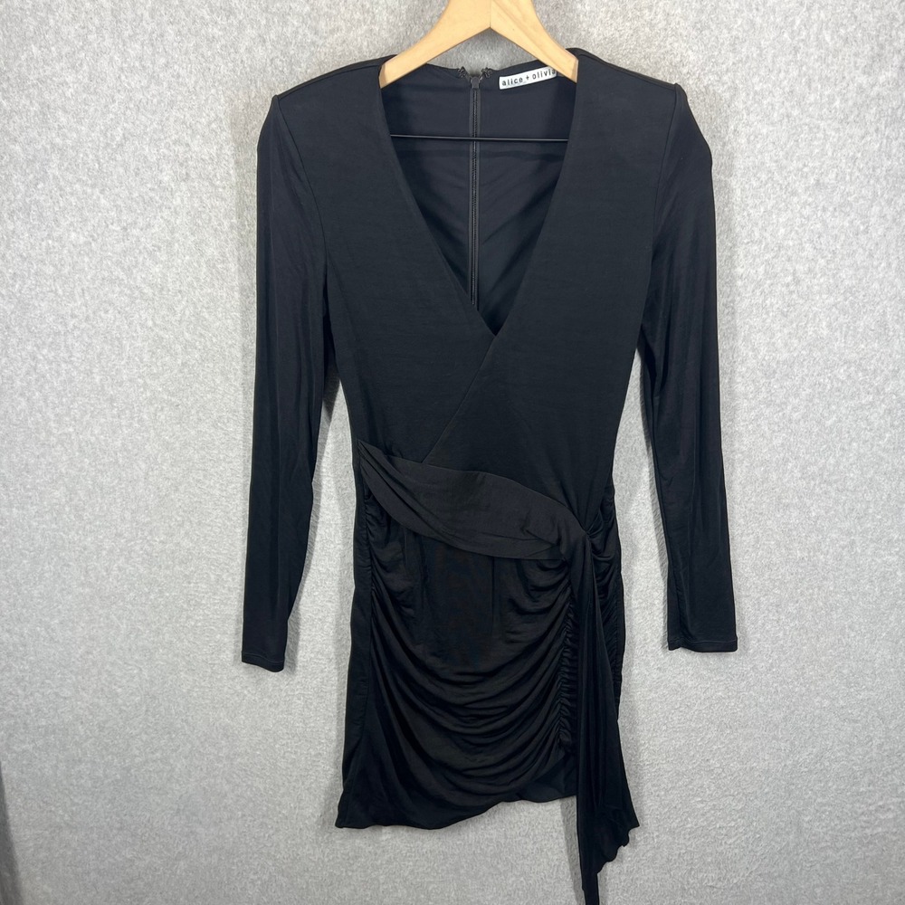 Alice + Olivia Mini Dress Womens 4 Black Ruched Long Sleeve V-Neck EUC